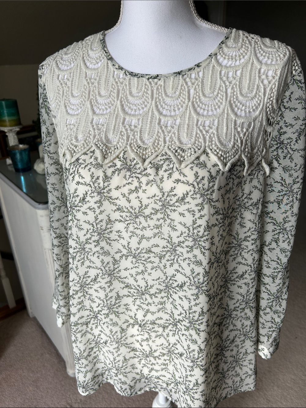 Women's Cream and Green Floral Lace Yoke Blouse, 3/4 sleeve